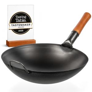 YOSUKATA Wok en acier au carbone de 35,6 cm avec fond rond &ndash; Wok Pow pr&eacute;-assaisonn&eacute; pour saut&eacute; &ndash; Po&ecirc;le traditionnelle chinoise japonaise en acier noir &ndash; Batterie de cuisine d'ext&eacute;rieur pour cuisini&egrave;re (KHY GROUP, neuf)