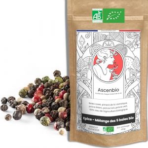 Ascenbio ✿ Mélange 5 poivres, baies BIO ✿ 100 g ✿ Préparé et conditionné en France ✿ Emballage biodégradable (Ascenbio, neuf)