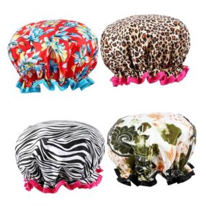 WRITWAA 4pi&egrave;ces Lot De Bonnets De Douche Imperm&eacute;ables &agrave; Double Couche &Eacute;lastiques Motifs Vari&eacute;s Pour Prot&eacute;ger Les Cheveux L&eacute;opard Jaune Z&egrave;bre Fleur Rouge Fleur Beige (Saieli, neuf)