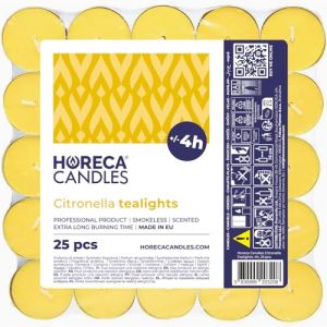 Horeca Candles - Bougies chauffe-plat &agrave; la citronnelle - Lot de 25 bougies parfum&eacute;es - Dur&eacute;e de combustion 4 heures - &Eacute;clairage ext&eacute;rieur, balcon, pique-nique, camping (Provantis EU, neuf)