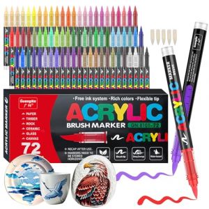 Gelanty Feutre Acrylique, 72 couleurs Acrylic Paint Marker avec embout pinceau flexible, liquide direct Acrylic Brush Marker feutres coloriage pour la peinture sur roche, céramique, bois, verre (Gelanty, neuf)