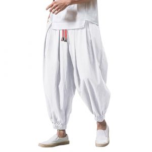 Bauzuoyo Pantalon sarouel en lin pour homme 2025 - Pantalon sarouel - Pantalon d'été - Pantalon Aladin baggy - Pantalon japonais - Pantalon ninja médiéval - Vintage - Gothique - Style bohème - Yoga (Meimessle, neuf)
