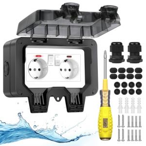 Prise extérieure Prise étanche extérieure IP66 avec interrupteur Témoin lumineux,Prise extérieure en saillie Jardin Outdoor Prise murale avec couvercle rabattable verrouillable Double prise noire (ATopLieb, neuf)