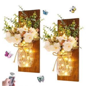 GUANSHAN 1 applique murale en pot Mason, bande lumineuse LED avec fleur artificielle et panneau de bois, applique murale rustique, lanterne suspendue pour chambre, jardin, d&eacute;coration murale (LIUNIAN TRADING, neuf)