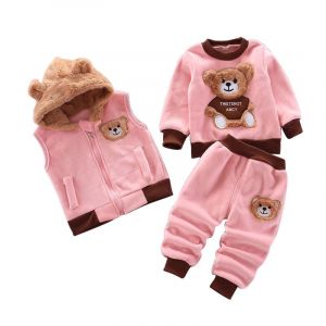 Tenue chaude pour tout-petits enfants &agrave; capuche sans manches gilet costume b&eacute;b&eacute; hiver trois pi&egrave;ces tenues enfant &agrave; manches longues sweat pantalon ensembles b&eacute;b&eacute;s dessin anim&eacute; ours v&ecirc;tements 0-4 ans (Odziezet, neuf)