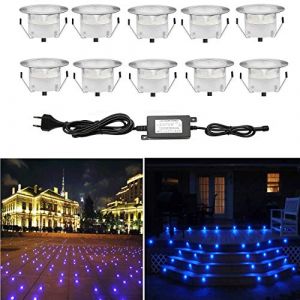 CHNXU 10 Spot LED Eclairage Ext&eacute;rieur Encastrable Sol Terrasse Bois,45mm Spots Encastr&eacute; Ext&eacute;rieur Fait en IP67 DC12V 1W Avec Alimentation EU Pour Jardin Escalier Patio Bleu (CHENXU, neuf)