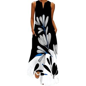 WINKEEY Femme Robe Longue Imprim&eacute; Floral Maxi Robe Boh&egrave;me avec Poches sans Manches Grande Taille, Fleur Noir M (WINKEEY, neuf)