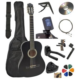 AMBRE Pack Guitare Classique 4/4 (Adulte) + 10 Accessoires (Housse, Support Mural, Accordeur, Sangle, Capodastre, Cordes, 6 M&eacute;diators, Bo&icirc;te, Manivelle) + Cours Vid&eacute;o & CD (Noir, 1/2, Gauche) (Amrova FR, neuf)