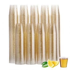 MATANA 300 Verres à Shot Réutilisables en Plastique Transparent avec Paillettes Dorées, 30ml - Verres à Shooter Solides pour Fêtes, Mariages Anniversaires, Dégustation (Acacia Products, neuf)