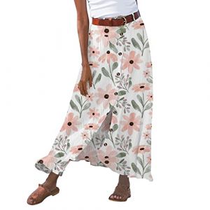 Jupe Mi-Longue Trapèze Femme Coton à Taille Élastique Décontractée Jupe Plissée Boutonnée sur Devant Jupes pour Printemps et été décontractée Ample Couleur Unie Jupes trapèze avec Poches Taille (Kincool, neuf)