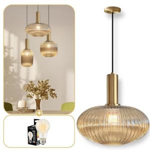 Lumeo creative | Suspension verre fumé Cristali | Lustre vintage pour salle à manger, ilot de cuisine, entree | suspension luminaire salon doré | Suspension vintage (Ambre Brillant, C - Poignée Tube) (Lumeo Creative, neuf)