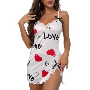 Lingerie Sexy Femme Coquine Hot Nuisette Chemise de Nuit Dentelle Col V Babydoll Mini-Robe Fendue Côté Sous-Vêtements Bretelle Réglable Coquine Hot Vêtements de Nuit Imprimé Cœur/Léopard (Blanc) (pengjunjiemeiguofushi, neuf)