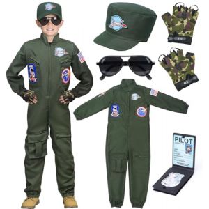 Tacobear Déguisement Pilote Avion de Chasse Enfant Aviateur Combinaison Tenue avec Chapeau Gants Lunettes de Soleil Deguisement Carnaval Halloween Costume Militaire pour Garçon (130, 6-7 Ans) (Tacobear EU, neuf)