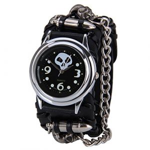 G&eacute;n&eacute;rique Hommes cha&icirc;ne Montre Punk Manchette Femmes cr&acirc;ne Gothique Poignet Rock Bracelet Montre pour Hommes Course Pied Cadeau (Black, One Size) (HZling, neuf)