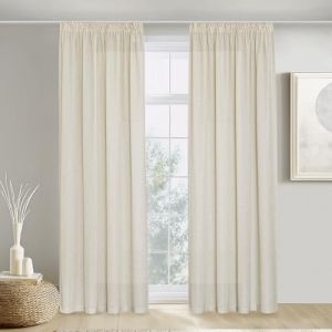 PONY DANCE Rideau Lin Naturel- Rideaux Voilage/Rideau Salon avec Galon Fronceur, Demi-Transparent Decoration Maison Chambre Salon Moderne Elegant, Lot de 2, 140 cm sur 260 cm, Beige (RYB HOME EU, neuf)