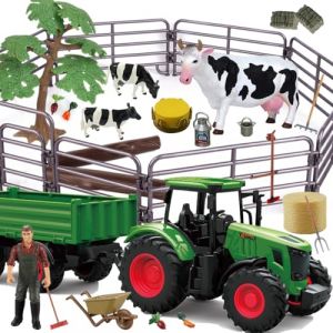 Hyrenee Tracteur Agricole Jouets Jeux Tracteur avec remorque Véhicule à l'échelle 1/24 avec Fermier Vache Herbe Tronc Outil de Ferme pour Garçons Filles Enfants Toodlers âge 3-7 Ans (BEHEN, neuf)