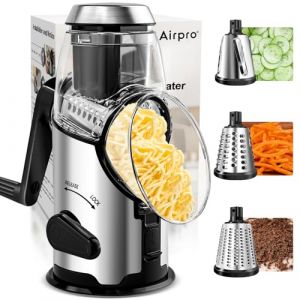 Airpro R&acirc;pe &agrave; fromage rotative avec poign&eacute;e &ndash; D&eacute;chiqueteuse de l&eacute;gumes avec 3 lames en acier inoxydable et base d'aspiration puissante, mandoline ronde et hachoir pour cuisine (EUAirpro, neuf)