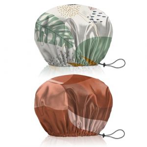 BHAHB 2 Pieces Bonnets de douche, élastiques avec réglables charlotte cheveux,double couche imperméable et réutilisabl,Mignon bonnet de douche femmes (V7-Bloc rouge feuille) (Yosadol, neuf)