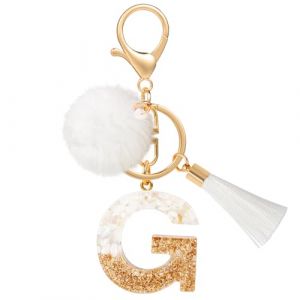 MWOOT Porte Clé Lettre G Peluche Tassel, Initial Résine Personnalisé Keychain Or Blanc, Porte Clef Lettre Pendentif Décoratif, Kawaii Porte Clef Voiture Charm, Idee Cadeau D'Anniversaire pour Femme (vetpw, neuf)