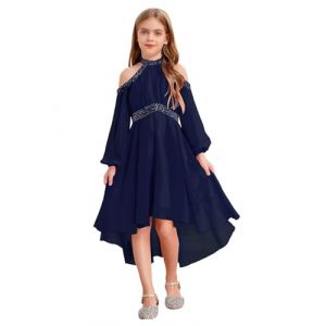 Freebily Asym&eacute;trique Robe De Mariage Soir&eacute;e Princesse Fille Enfant Robe Licou de Cocktail Nouvelle Ann&eacute;e Concours De Beaut&eacute; Ecole Volants Strass Diamants Bleu Marine 13-14 Ans (MissPretty, neuf)