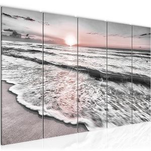 Runa Art Tableau mural XXL Le Coucher Du Soleil Plage 200 x 80 cm Gris Rose 5 Parties - 023755b (Runa Art GmbH, neuf)