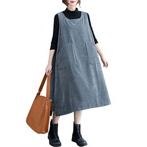 Petalum Robe Salopette Femme Velour Côtelé Grande Taille Maxi Décontracté Jupe Salopette Longue à Bretelle sans Manche Style Vintage Classique Casual avec Poche pour Automne Hiver (Petalum, neuf)