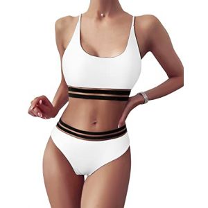 TOMEEK Bikini Femme avec Maillot de Bain 2 Pièces en Maille Push up Rembourré Coupe Haute Maillot de Bain Femme Athlétique Taille Haute Maillot de Bain Fille pour Les Plages, Blanc, Taille M (Pingoo, neuf)