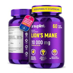 Gélules Lions Mane 10 000 mg – Extrait de Champignon Crinière de Lion 10:1 (Hericium Erinaceus) – 60 Gélules Véganes – Sans OGM & Naturel (Suplint, neuf)
