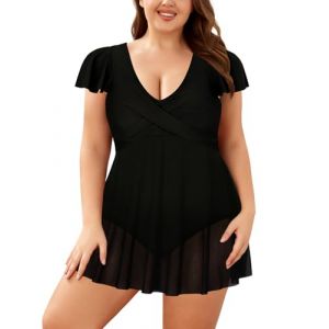 SHEKINI Maillot de Bain Une Pièce pour Femme Décolleté Plissé Croisé avec Poignets à Volants Grande Taille Maillot de Bain Jupette Femme（XXL，Noir） (DODO BIKINI, neuf)