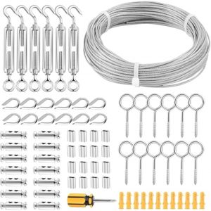 FSHIHINE 30m Corde en Acier Inoxydable Tendeur de Fil de Jardin Suspendre Kit, 2mm Revêtu de PVC, Câble Métallique Kit avec Serre-Câbles, Manchon, Clips, Robuste Clôture Kit pour Plante Grimpante (Fshihine EU, neuf)