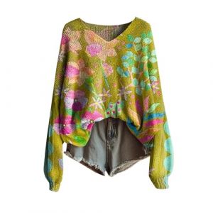 2025 Pull Femme Hiver Vintage Imprimé Floral Bohème Pullover Tricoté Chic Col Rond Manche Longue Sweater Motif Jacquard Tunique Grande Taille Casual Vetement 2025 Femme Confortable (Anglekie, neuf)