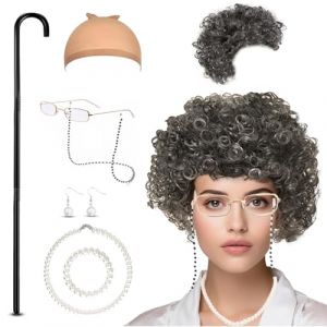 DIKARIYA Kit de Deguisement Grand Mere, Halloween Perruque Vieille Dame Lunettes Ronde Collier Fausse Perle Grand-Mère Perruque pour Fête Déguisement Années 1920 Costume Carnaval Mariage Fête (D) (DIKARIYA EU, neuf)