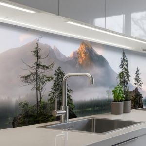 KitchenYeah© Credence Cuisine Adhesive 60x250 cm Protege Mur Revetement Mural Adhesif Parement Interieur À Coller Plaque Plastique Rigide Eau - Paysage - Montagne - Arbres (KitchenYeah, neuf)