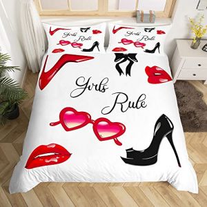 Homemissing Couple Housse de Couette Love Funny Quote Parure de Lit 220x240cm Maquillage D&eacute;cor Rouge Noir Talons Hauts Sexy Lip Parure Housse de Couette Mode Romantique Mariage Th&egrave;me 3Pcs (Bofanshangmao, neuf)