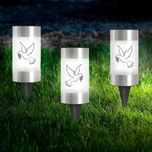 WIYETY Lot de 3 lampes solaires fun&eacute;raires : lanterne fun&eacute;raire solaire LED avec piquet de terre et 3 autocollants colombe, bougie de cimeti&egrave;re d'ext&eacute;rieur &eacute;tanche IP55 bougies solaires d'ext&eacute;rieur (GREENFOODERAN TRADING LTD, neuf)