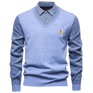 Duohropke Pull en tricot pour homme - Faux pull deux pi&egrave;ces - Tricot fin - Col de chemise - Manches longues - Cardigan tricot&eacute; avec col en V - Sweat-shirt &agrave; revers - Simplicit&eacute; - T-shirt de loisirs (PANGCON, neuf)