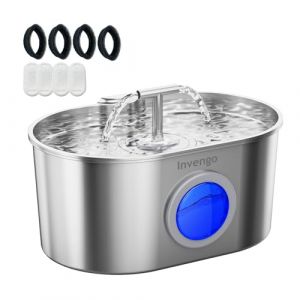Invengo Fontaine à Eau pour Chat – 2,2 L Grande capacité, Pompe Ultra-silencieuse, Circulation d’Eau à 360°, Double Sortie d’Eau, Facile à Nettoyer, Acier Inoxydable 304, 4 filtres de Rechange Inclus (PetVengo, neuf)