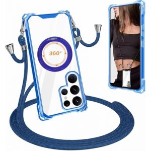 xinyunew Coque Magnétique pour Samsung Galaxy S25 Ultra avec Cordon, Rotation à 360° Transparent Housse Étui Case avec Collier Lanyard Mince Souple TPU Silicone Camera Antichoc,Bleu (xinyunew, neuf)