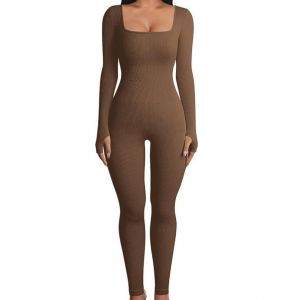 Rongseng Combinaison Femme Moulante Sport Yoga Jumpsuit Combinaison Bodycon en Tricot &agrave; col Carr&eacute; et &agrave; Manches Longues C&ocirc;tel&eacute; Une Pi&egrave;ce Jumpsuit Pour Gym Sports Fitness Club (Rongseng Direct Store, neuf)