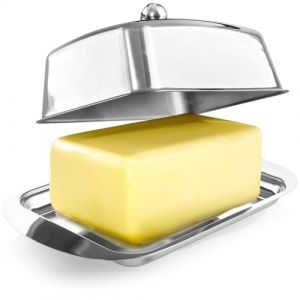 COM-FOUR&reg; beurrier en acier inoxydable - grand beurrier en acier inoxydable - beurrier avec couvercle et poign&eacute;e - lavable au lave-vaisselle - avec bouton (Acier inoxydable - avec bouton) (COM-FOUR  Vertriebs GmbH, neuf)