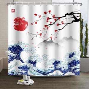 Xiaoterna Rideau de douche Kanagawa avec peinture japonaise traditionnelle, motif vague, fleurs de cerisier rouges et soleil, paysage de montagne japonais, anti-moisissure, rideau de salle de bain (Xiaoterna Store, neuf)