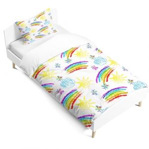 PORJDN Housse de couette enfant fille arc-en-ciel, taie d'oreiller 40x60 cm,housse de couette 120x150 cm, nuages ​​en style dessin anim&eacute;, parure de lit avec fermeture &eacute;clair lisse.(Style A, 120x150cm) (CR-EU-STORE, neuf)
