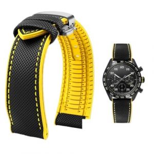 PctkeLsend Bracelet de montre &eacute;tanche en toile et caoutchouc for homme, 19-24 mm, compatible avec Breitling, Omega, IWC, Citizen, TUDOR et Hamilton(Black Yellow silverB,19mm) (PeiLINpppppp, neuf)