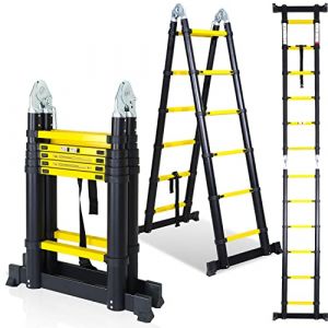 Tubiaz Échelle télescopique en aluminium 3,8 m, portable, multifonction, pliable, 1,9 + 1,9 m, charge maximale : 150 kg, noir, jaune (BIGBIGDUCK, neuf)