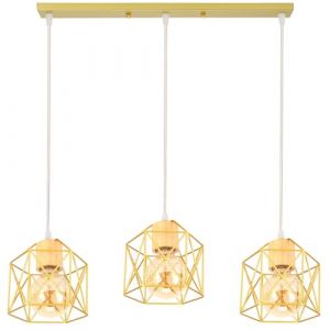 PETITES ECREVISSES Suspension Luminaire Industrielle 3 Lampes Vintage E27 Lustre Abat-jour en M&eacute;tal Design pour Salon Chambre Cuisine (Dor&eacute;-Bois-une barre) (DOO2U, neuf)