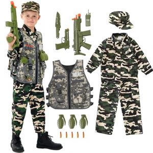 Udekit Deluxe Armée Uniforme Cosplay Costume Soldat Tenues avec Uniforme, Gilet Tactique, Grenade, Sabre, Balle, Interphone et Autres Jouets pour Enfants de 6 à 8 Ans (CoolcocoTM, neuf)
