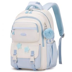 Amythe Cartable Fille Primaire, Sac &agrave; Dos pour Enfant CM1 CM2, Sac Ecole Coll&egrave;ge avec Pendentif Pompon, Sac D'&eacute;cole D&eacute;contract&eacute; pour Filles de 9 &agrave; 16 Ans, Convient aux Chariot, Bleu (Amythe, neuf)