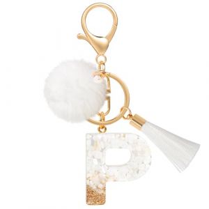 MWOOT Porte Clé Lettre P Peluche Tassel, Initial Résine Personnalisé Keychain Or Blanc, Porte Clef Lettre Pendentif Décoratif, Kawaii Porte Clef Voiture Charm, Idee Cadeau D'Anniversaire pour Femme (vetpw, neuf)