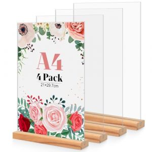 Lot de 4 Porte Affiche en Acrylique A4, Base en Bois T Forme Support Double Face Transparent, Cadre Photo en Plastique, Affichage de Menu Presentoir pour R&eacute;ception, Bureau, Magasin, Restaurant, H&ocirc;tel (DACORNE INDUSTRIE, neuf)