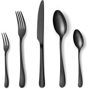 BEWOS Ensemble de couverts pour 12 personnes - Ensemble de 60 couverts noirs, Acier inoxydable, Lavable au lave-vaisselle (BewosDirect, neuf)